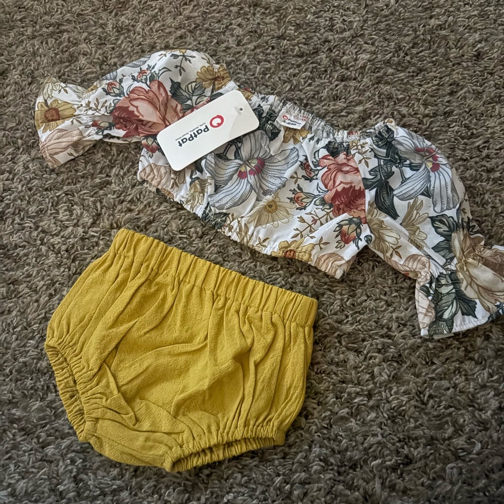 PatPat Floral Top and Mustard Diaper Cover Set